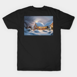 Magical Fantasy House with Lights in a Snowy Scene, Fantasy Cottagecore artwork T-Shirt